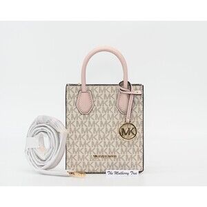 Michael Kors MK Mercer Extra Small Shopper Canvas Leather Crossbody Purse Pink
